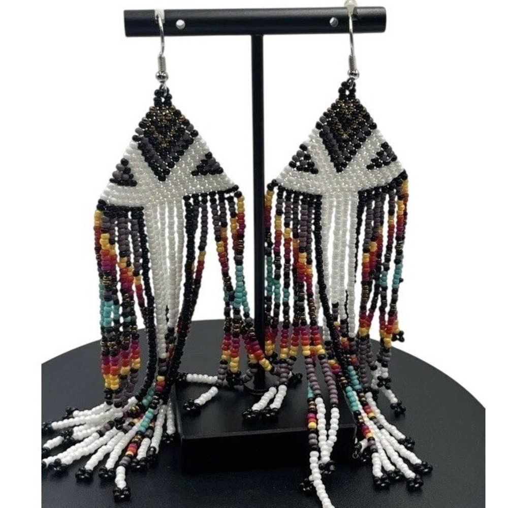 Southwestern Long‎ Boho Multi Color Beaded Handmade Tassel fringe Earrings